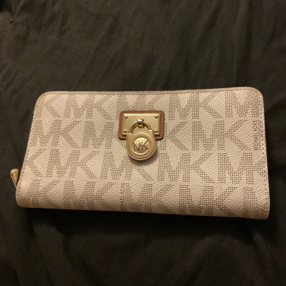 Michael Kors Beige Monogram Zip-Around Wallet with Gold Accent